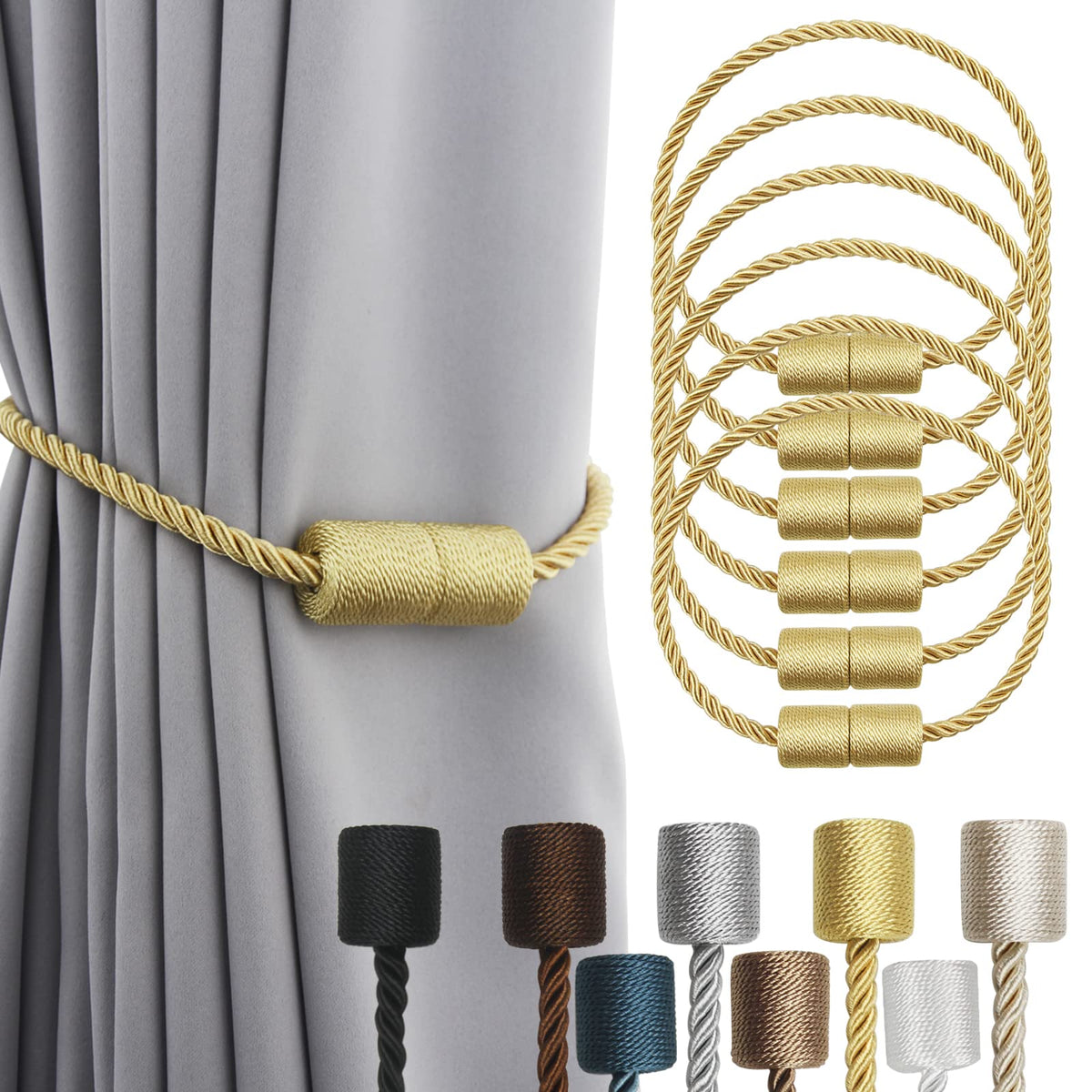 2 Pack Grey Strong Magnetic Curtain Tiebacks Outdoor Elegant Decorative Tie Backs Modern Rope Tiebacks for Drapes Window Curtain Holdbacks for Draperies