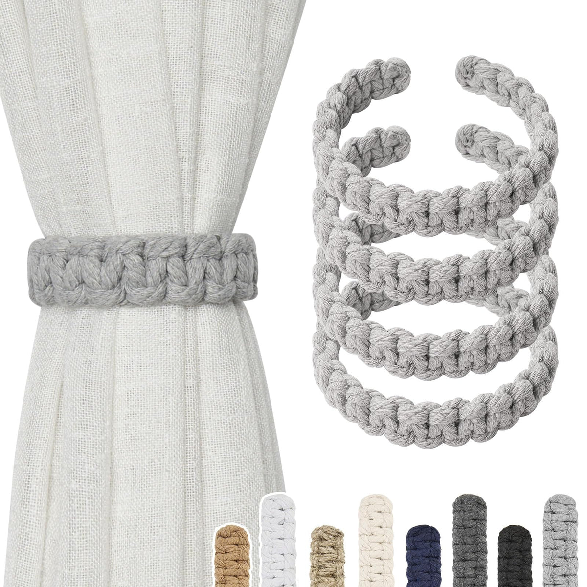 NICEEC 2 Pack Natural Cotton Rope Curtain Tiebacks Farmhouse Rustic Style Decorative Drape Tie Backs Handmade Braided Curtain Holdbacks for Home & Office Sheer/Light Weight Drapery (C-White-S)