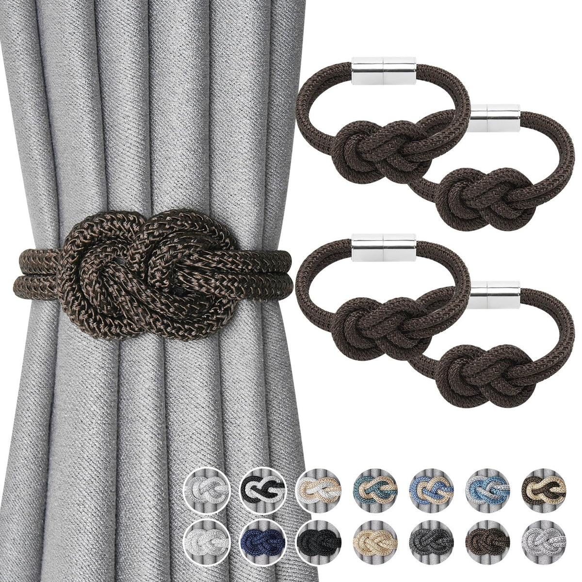 NICEEC 2 Pack Mini Magnetic Curtain Tiebacks Nordic Simple Style Drape Tie Backs Elegant Hand Weave Rope Knot Decorative Curtain Holdbacks for Home & Office Thin Window Drapery (Silver Grey)