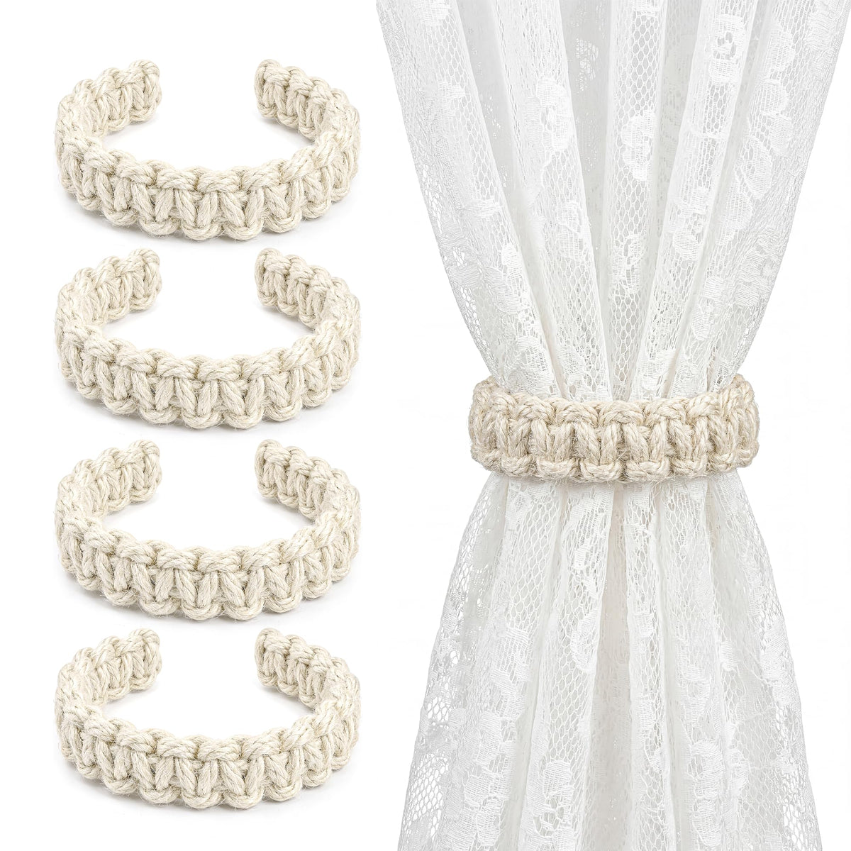Boho Curtain Tiebacks, Braided Curtain Holdbacks, Brown, 4 Pcs