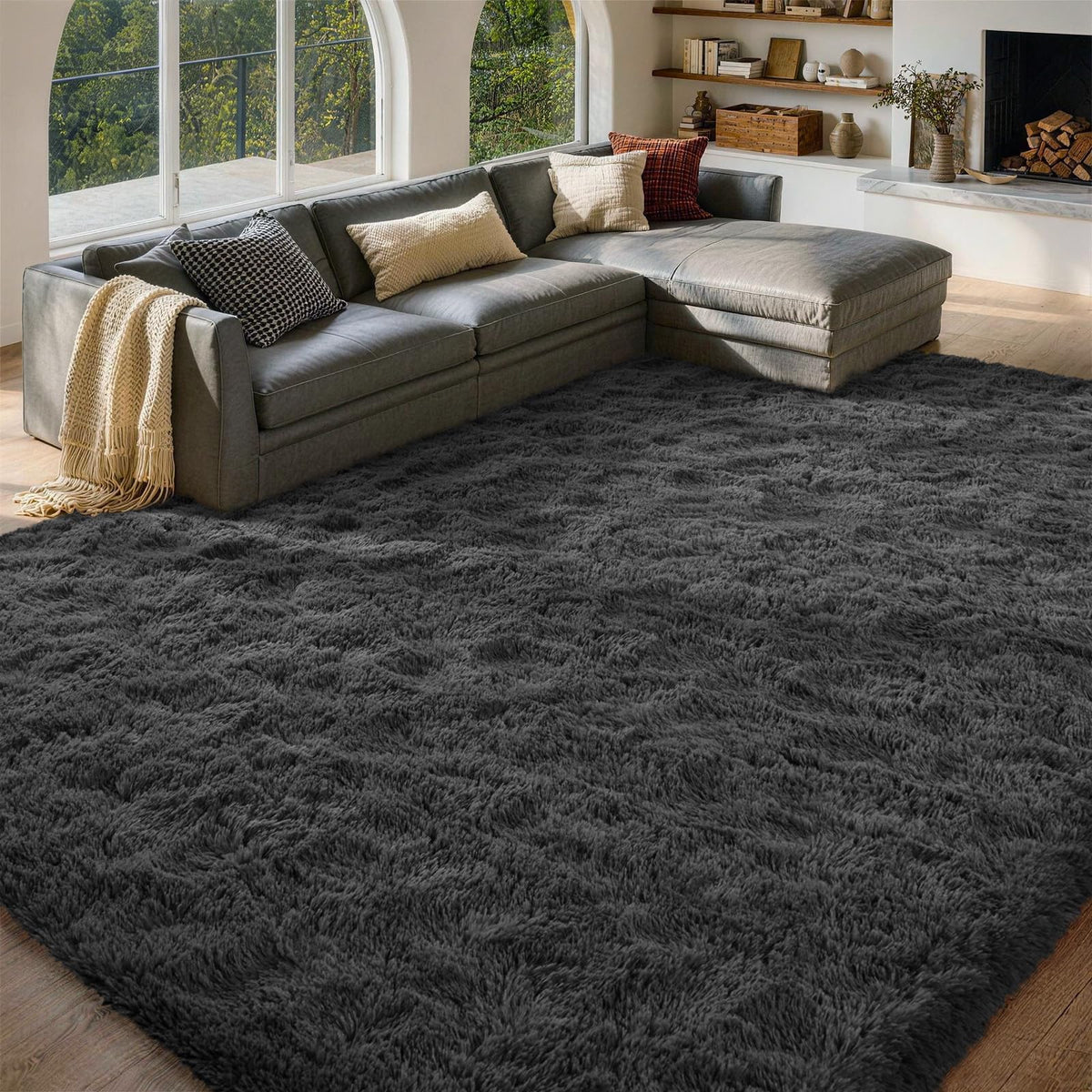 8x10 Area Rugs for Living Room Fluffy Carpet(Black)