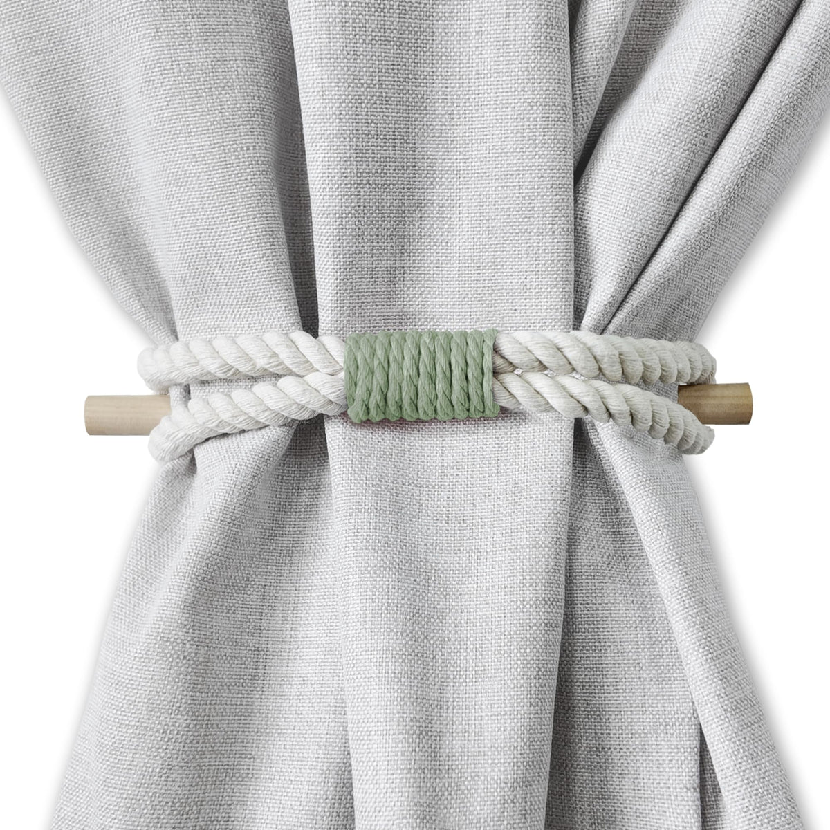 Curtain Holdbacks Boho Tiebacks for Drapes, Farmhouse Jute Rope Cotton Tie Backs with Rustic Wood Club, Curtain Accessories Holders for Indoor Outdoor Use, Set of 4