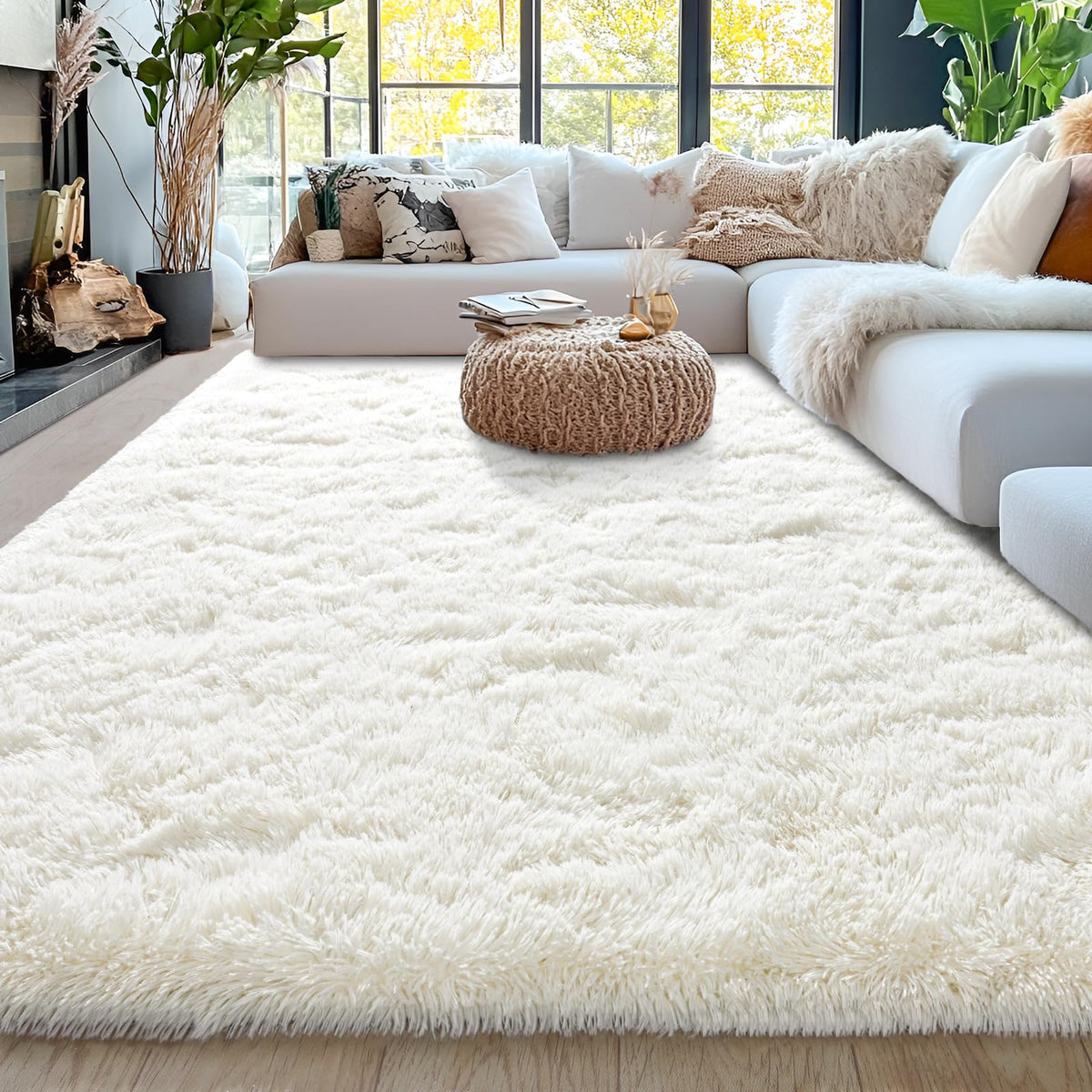 8x10 Area Rugs for Living Room, Cream White Soft Fuzzy Large Shaggy Rug