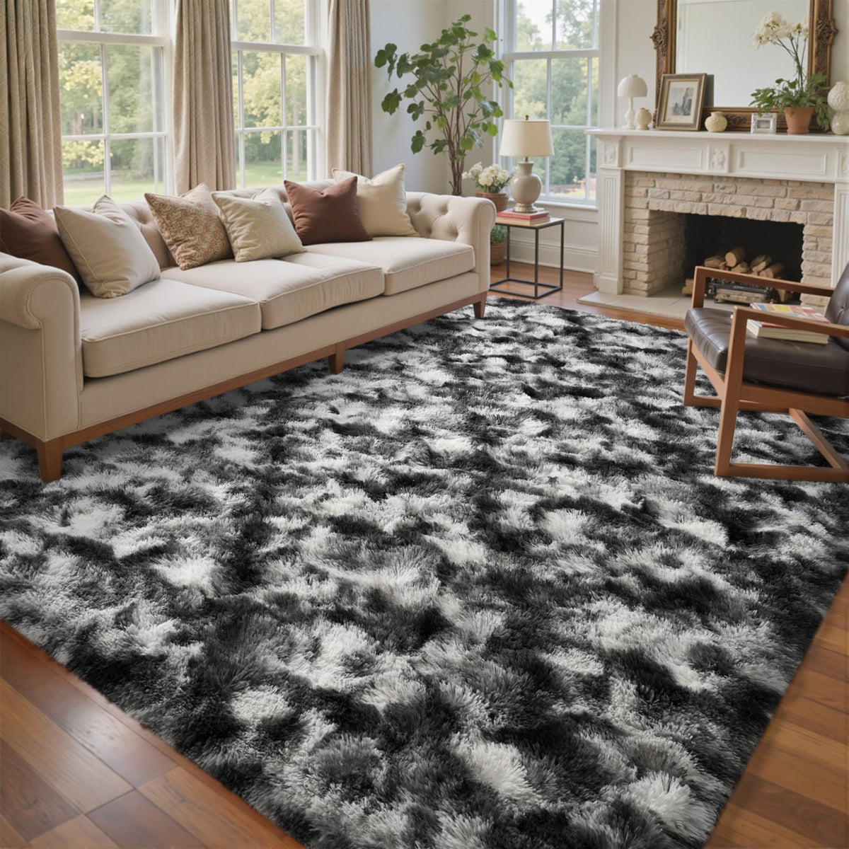 8x10 Ft Extra Large Shag Rugs for Living Room, Tie Dyed Ultra Soft Fluffy Furry Area Rugs for Bedroom Indoor Floor, Aesthetic Carpet for Kids Home Decor (Dark Grey)