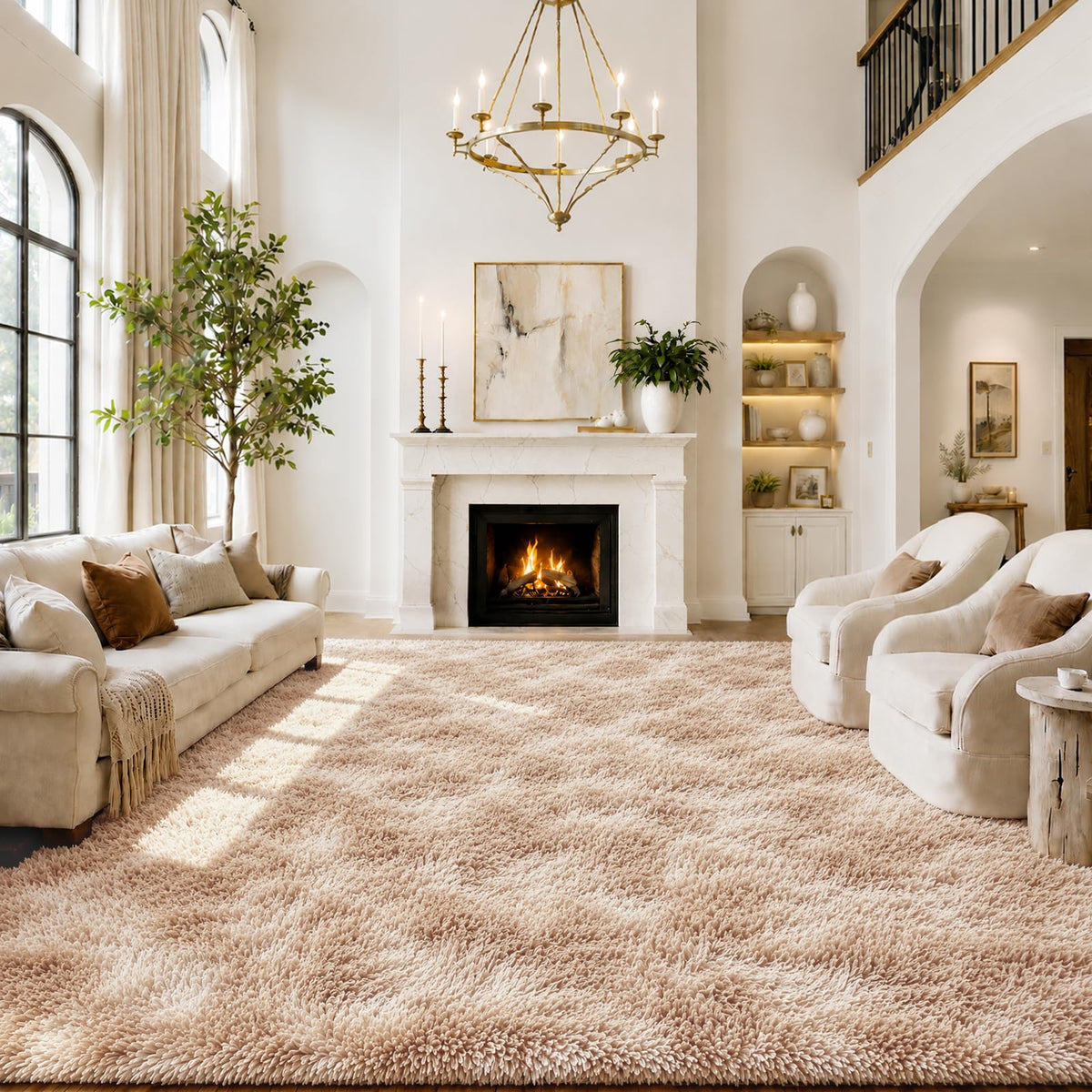 8x10 Area Rugs for Living Room,Cream Large Shaggy Carpet Plush Furry Rug