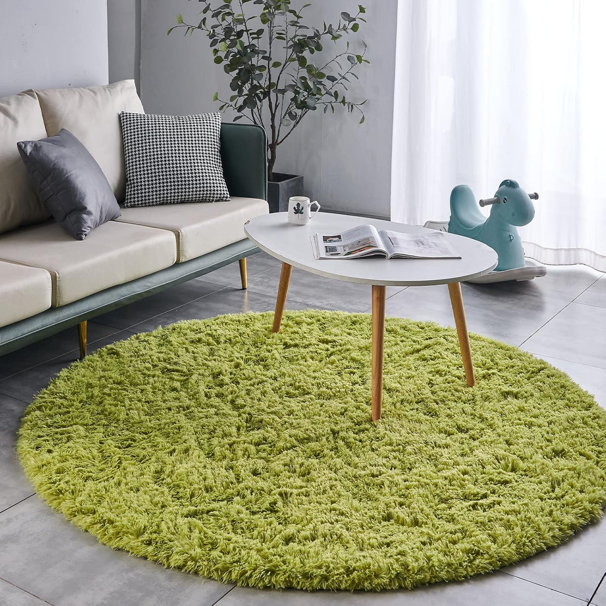 FJZFING Grass Green Round Rug Ultra-Soft Plush Modern 5x5 Circle Area Rug for Kid's Bedroom, Fluffy Shag Circular Rug for Nursery Room, Cute Grass Green Carpet for Teen's Room