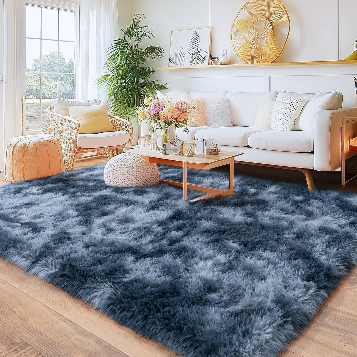 8x10 Area Rugs for Living Room, Large Ultra Fluffy Fuzzy Shag Rug for Bedroom, Modern Plush Soft High Pile Upgrade Non-Slip Carpet for Kids Girls and Boys Room Decor, Tie-Dyed Blue Grey