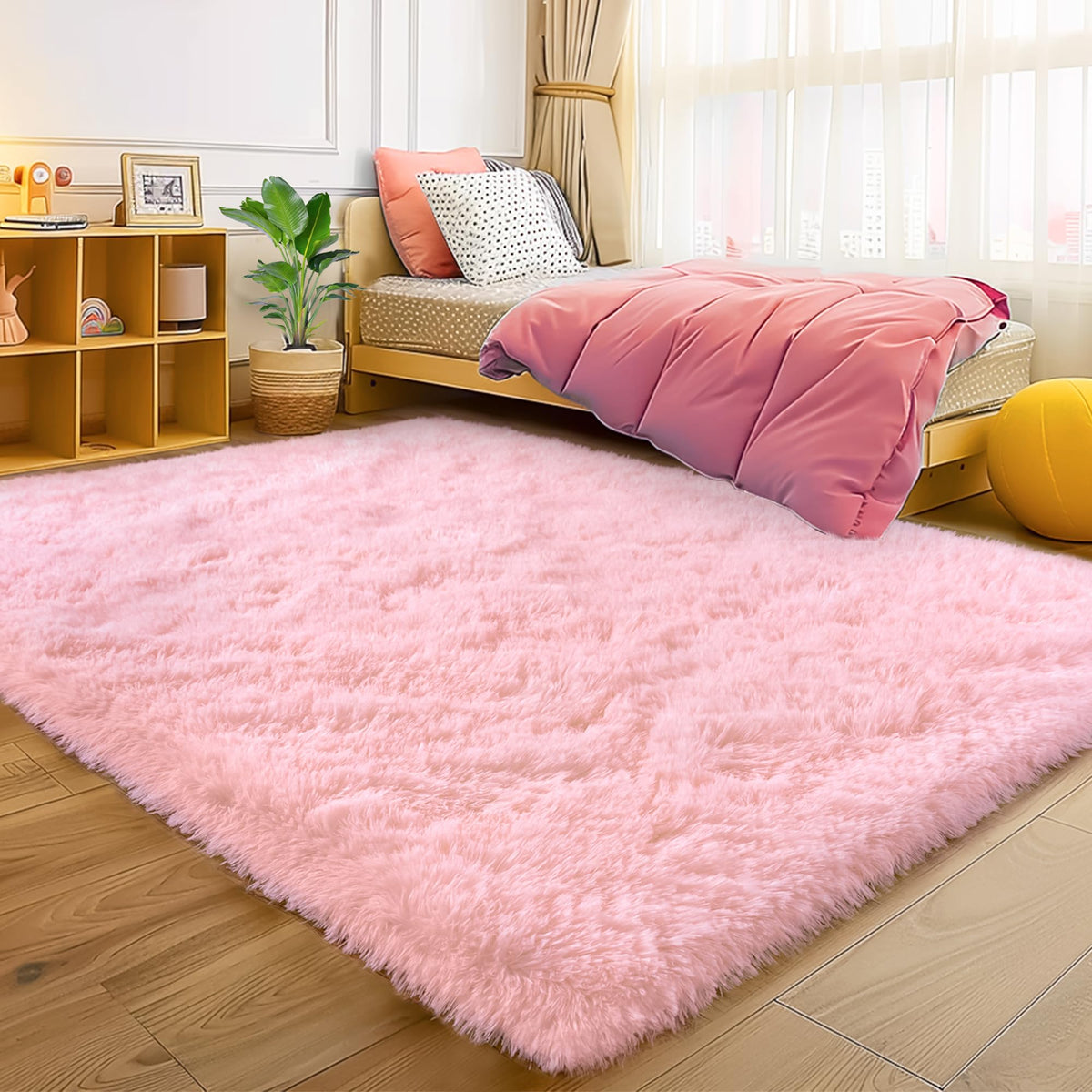 4Ft Fluffy Pink Round Rug for Girls Bedroom Kids Room, Washable Non-Slip