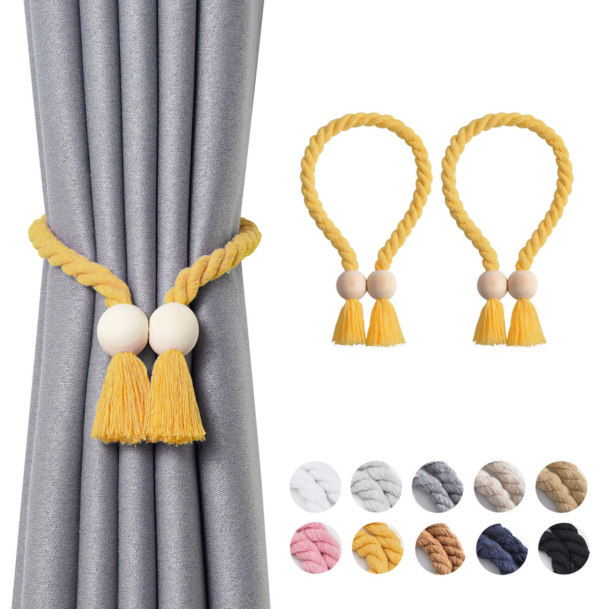 NICEEC 2 Pack Wooden Ball Magnetic Curtain Tiebacks Boho Home Decor Drape Tie Backs Natural Cotton Hand Woven Rope Curtain Holdbacks for Thin & Thick Home & Office Window Draperies (Beige)