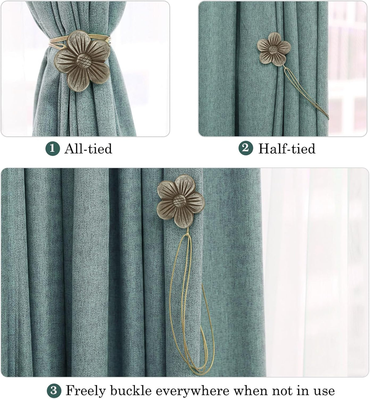 Lewondr Magnetic Curtain Tiebacks, Flower Vintage Curtain Holdbacks, Coffee