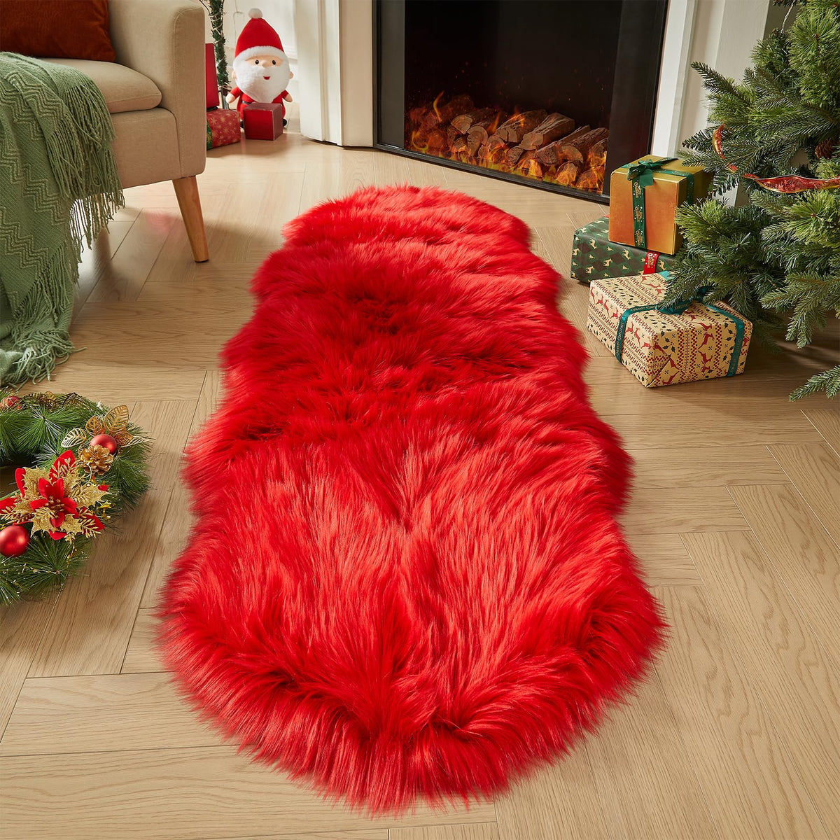 AMTOVO Faux Sheepskin Rug, Beige Ultra Soft Fluffy Shag Area Rug, 2 x 6 ft Faux Fur Rug for Bedroom Sofa Throw Cushion Room Decor, Sheepskin