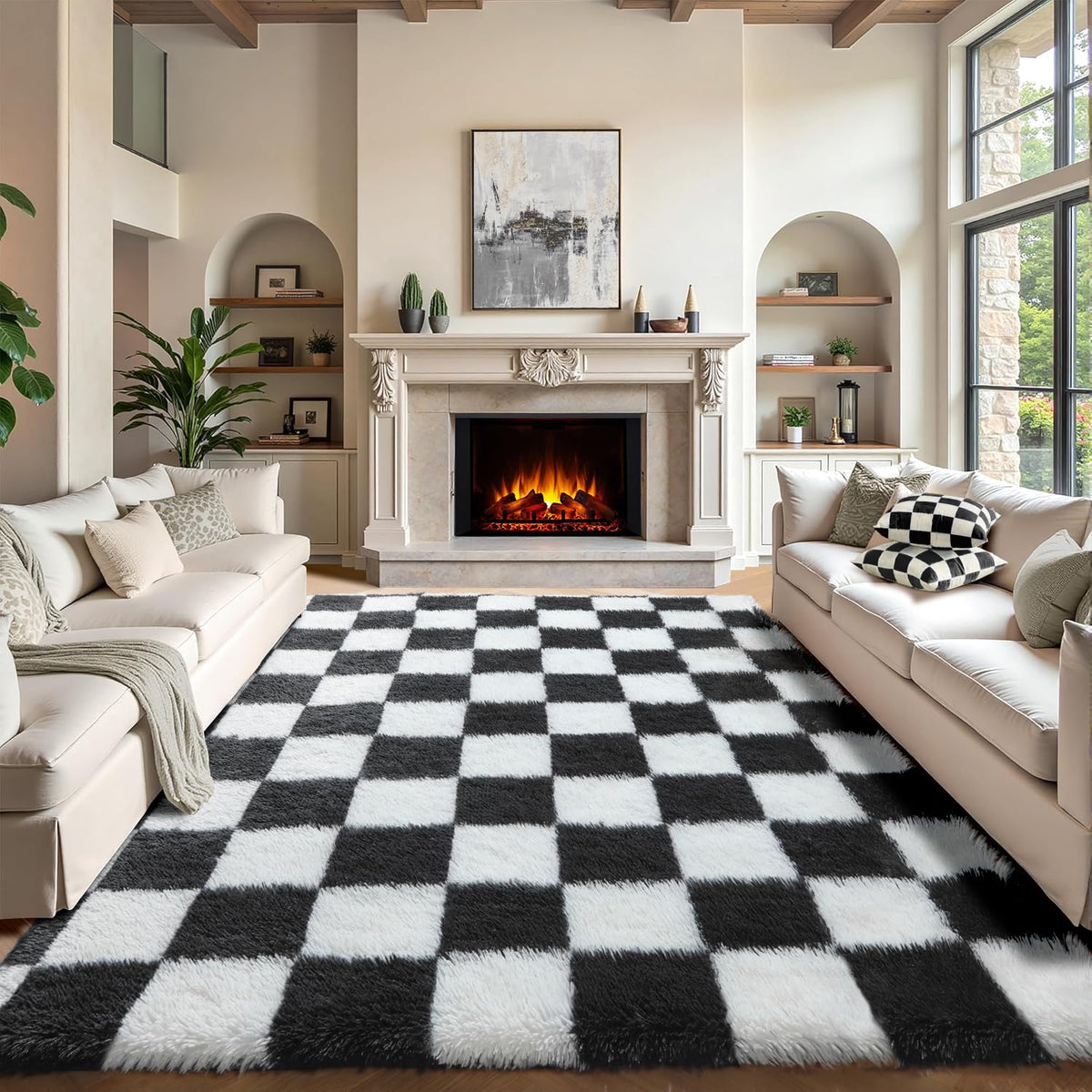 KICMOR Area Rugs 8x10 for Living Room, Large Fluffy Beige and Cream White Checkered Rug Big Fuzzy Shag Shaggy Carpets for Bedroom, Soft Plush Furry Rug for Boy Girls Room Dorm Home Decor Aesthetic