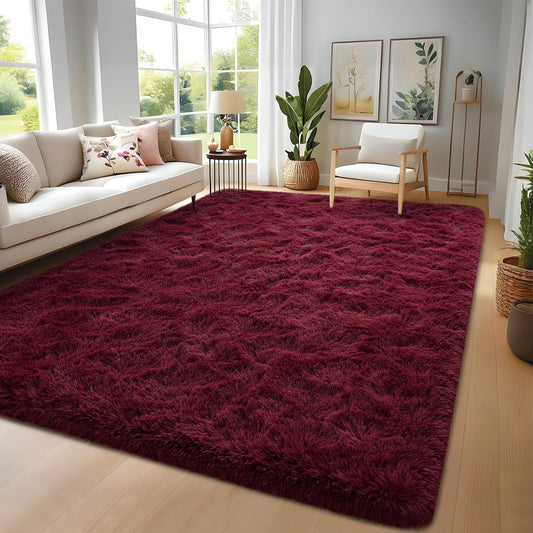 Nuttumico Burgundy Fluffy Shag Area Rug for Living Room Bedroom, 6x9 Feet Ultra Soft Indoor Modern Plush Fuzzy Rug, Thickened Carpet for Kids Playroom, High Pile, Non Slipping