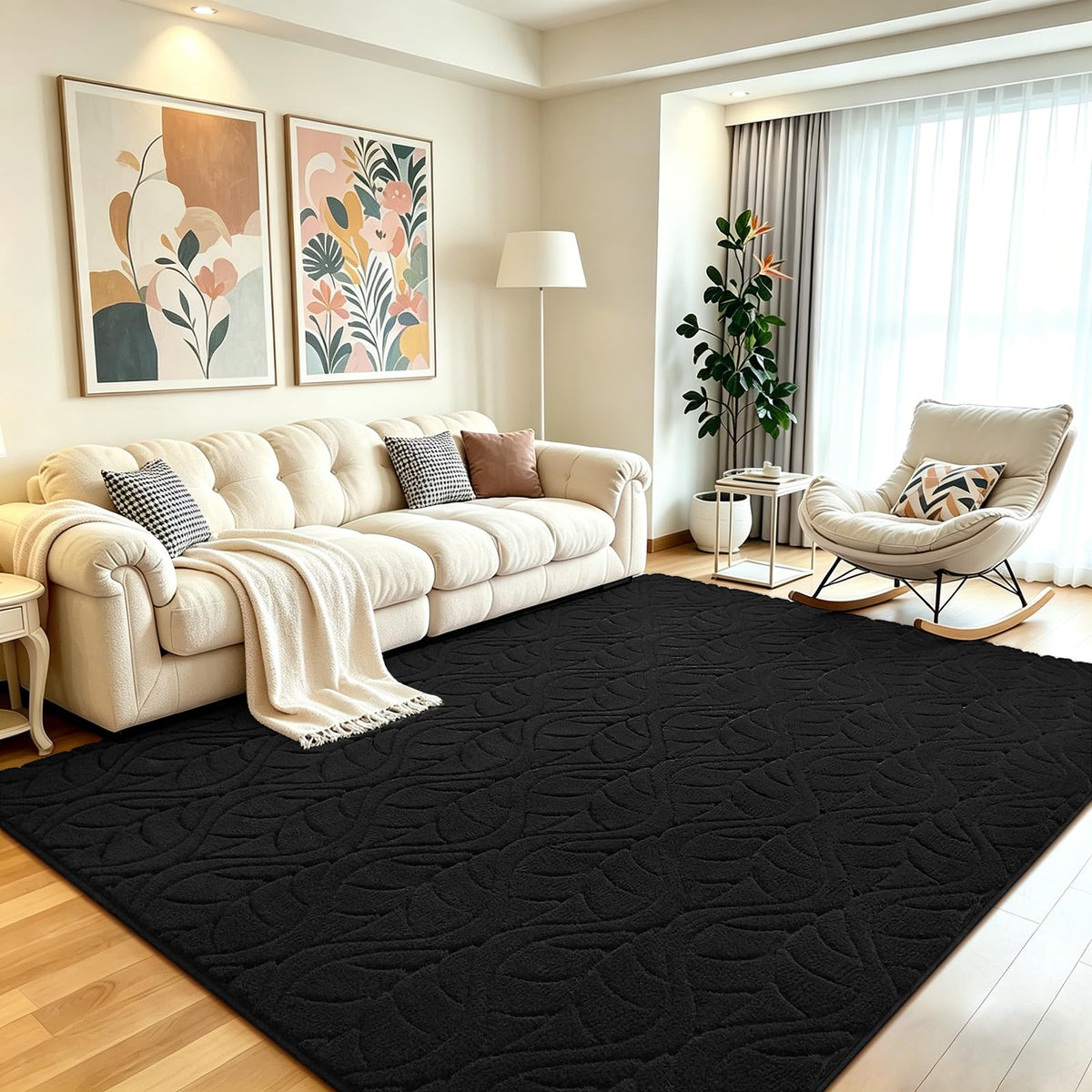5x7 Black Fluffy Shag Area Rug for Living Room Bedroom