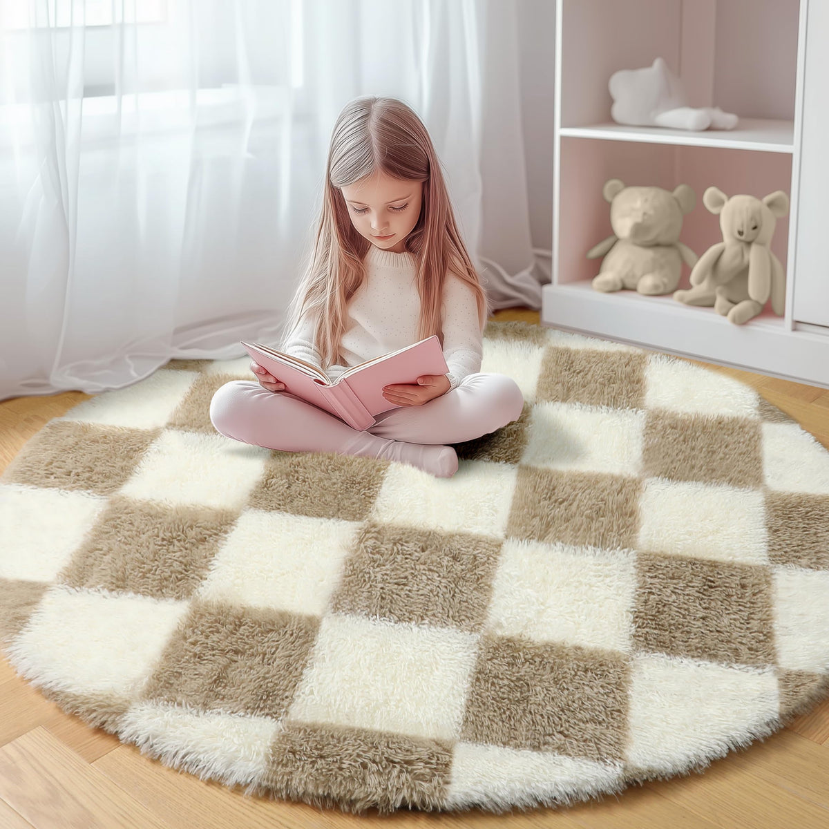 KICMOR Area Rugs 8x10 for Living Room, Large Fluffy Beige and Cream White Checkered Rug Big Fuzzy Shag Shaggy Carpets for Bedroom, Soft Plush Furry Rug for Boy Girls Room Dorm Home Decor Aesthetic