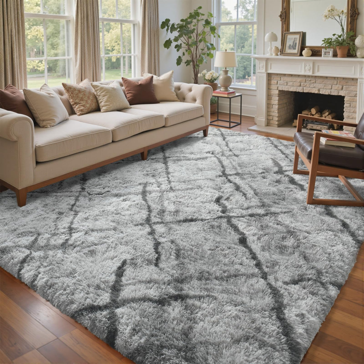 8x10 Ft Extra Large Shag Rugs for Living Room, Tie Dyed Ultra Soft Fluffy Furry Area Rugs for Bedroom Indoor Floor, Aesthetic Carpet for Kids Home Decor (Dark Grey)