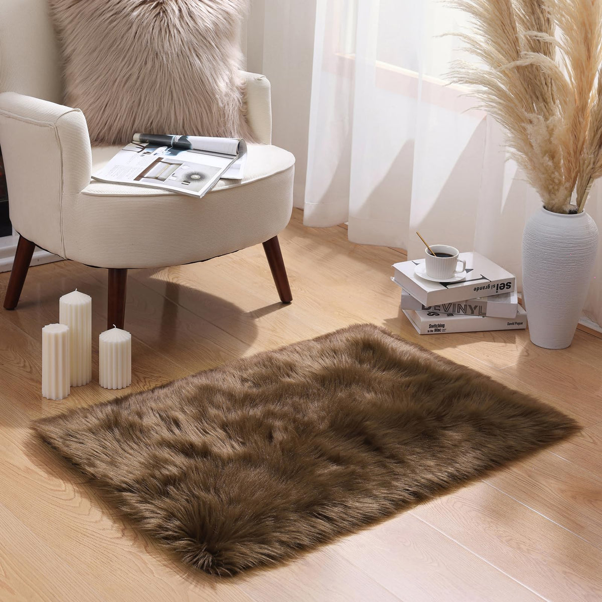 Ashler Faux Fur Rug, White, 2 x 6 Ft, Machine Washable