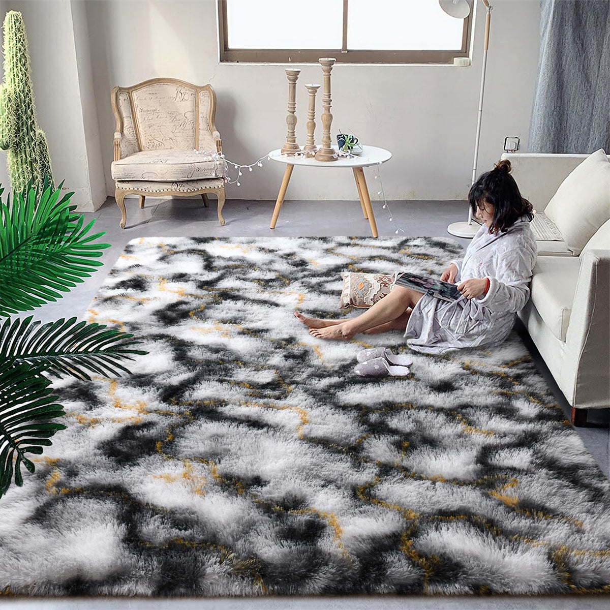 DweIke Fluffy Blue Shag Rugs for Bedroom Living Room, 4x6 Feet Soft Plush Tie-Dyed Light SkyBlue Girls Boys Kids Rug, Upgraded Non-Slip and Machine Washable Carpet for Dorm Nursery Classroom Decor
