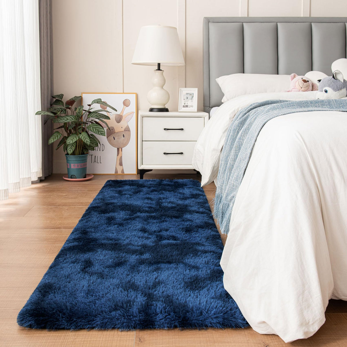 duduta Navy Blue Fluffy Bedroom Rug 3x5 ft, Tie-Dye Shag Plush Area Rug