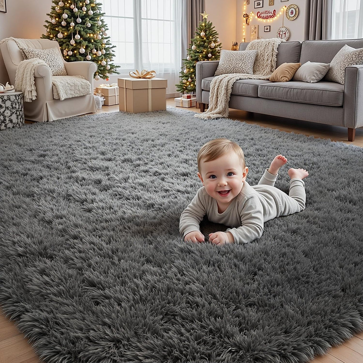 8x10 Fluffy Shag Area Rugs for Living Room Bedroom: Soft Carpet Gray Camel