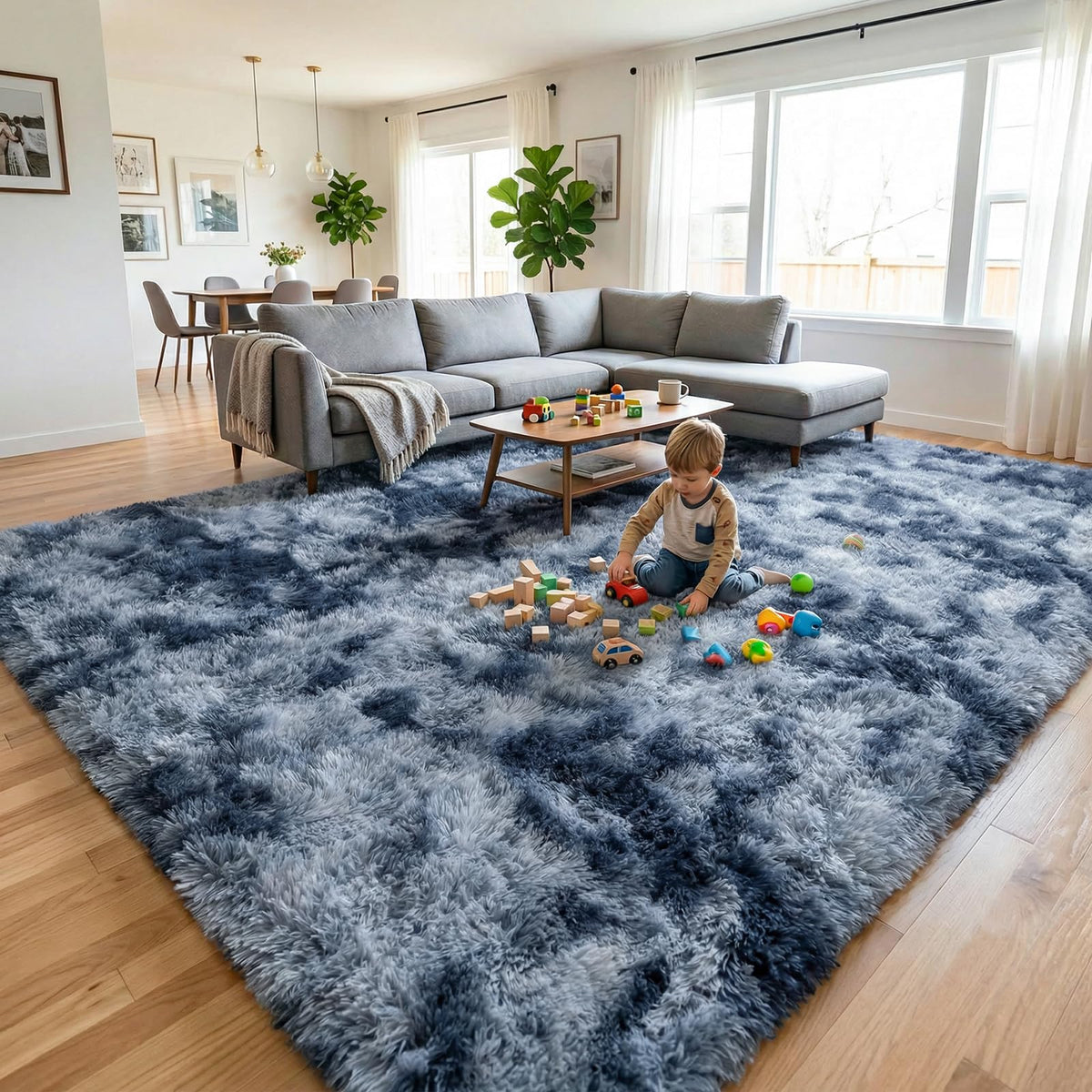 DweIke Fluffy Blue Shag Rugs for Bedroom Living Room, 4x6 Feet Soft Plush Tie-Dyed Light SkyBlue Girls Boys Kids Rug, Upgraded Non-Slip and Machine Washable Carpet for Dorm Nursery Classroom Decor