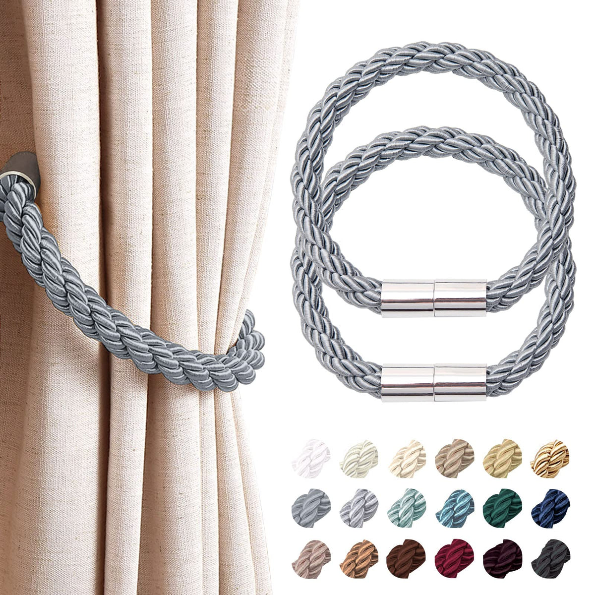 NICEEC 2 Pack Strong Magnetic Curtain Tiebacks Modern Simple Style Drape Tie Backs Convenient Decorative Weave Rope Curtain Holdbacks for Thin or Thick Home & Office Window Draperies (Beige)