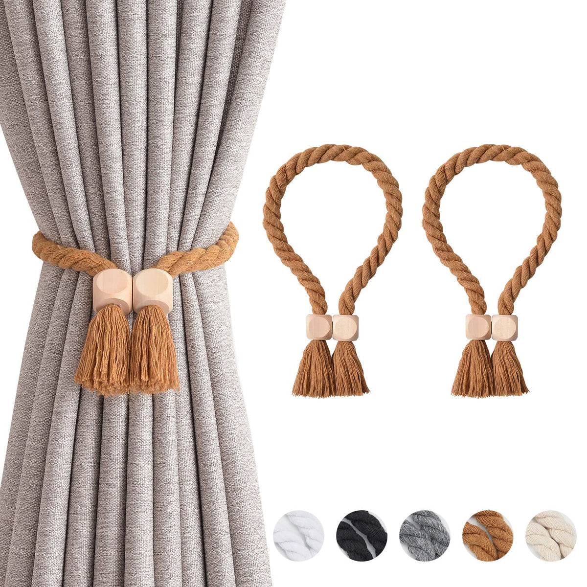 NICEEC 2 Pack Wooden Ball Magnetic Curtain Tiebacks Boho Home Decor Drape Tie Backs Natural Cotton Hand Woven Rope Curtain Holdbacks for Thin & Thick Home & Office Window Draperies (Beige)