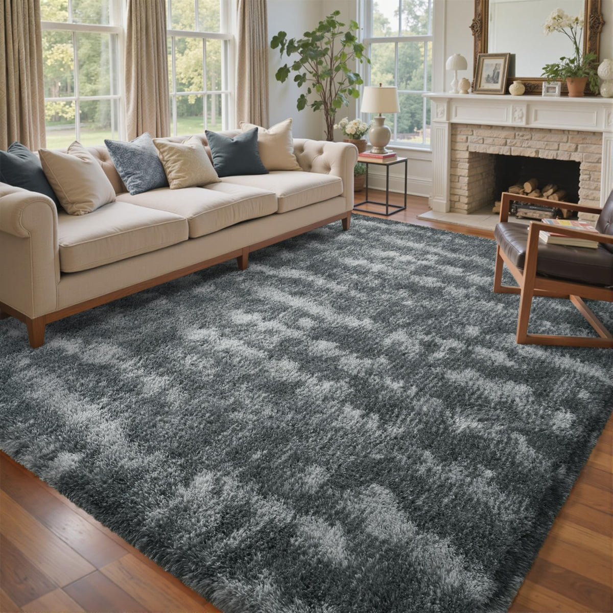 8x10 Ft Extra Large Shag Rugs for Living Room, Tie Dyed Ultra Soft Fluffy Furry Area Rugs for Bedroom Indoor Floor, Aesthetic Carpet for Kids Home Decor (Dark Grey)