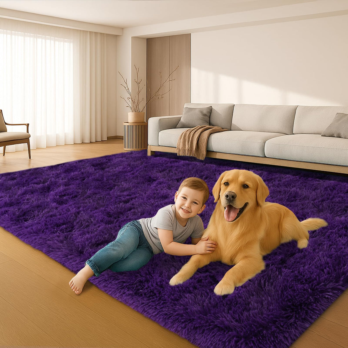 8x10 Beige Fluffy Shag Area Rug, Non-Slip Soft Carpet for Home