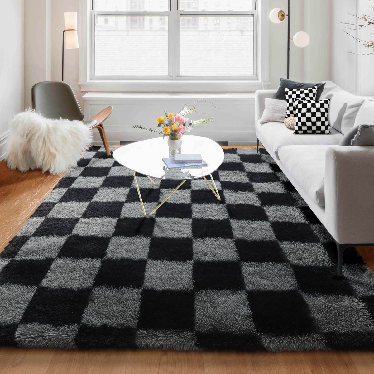 KICMOR Area Rugs 8x10 for Living Room, Large Fluffy Beige and Cream White Checkered Rug Big Fuzzy Shag Shaggy Carpets for Bedroom, Soft Plush Furry Rug for Boy Girls Room Dorm Home Decor Aesthetic