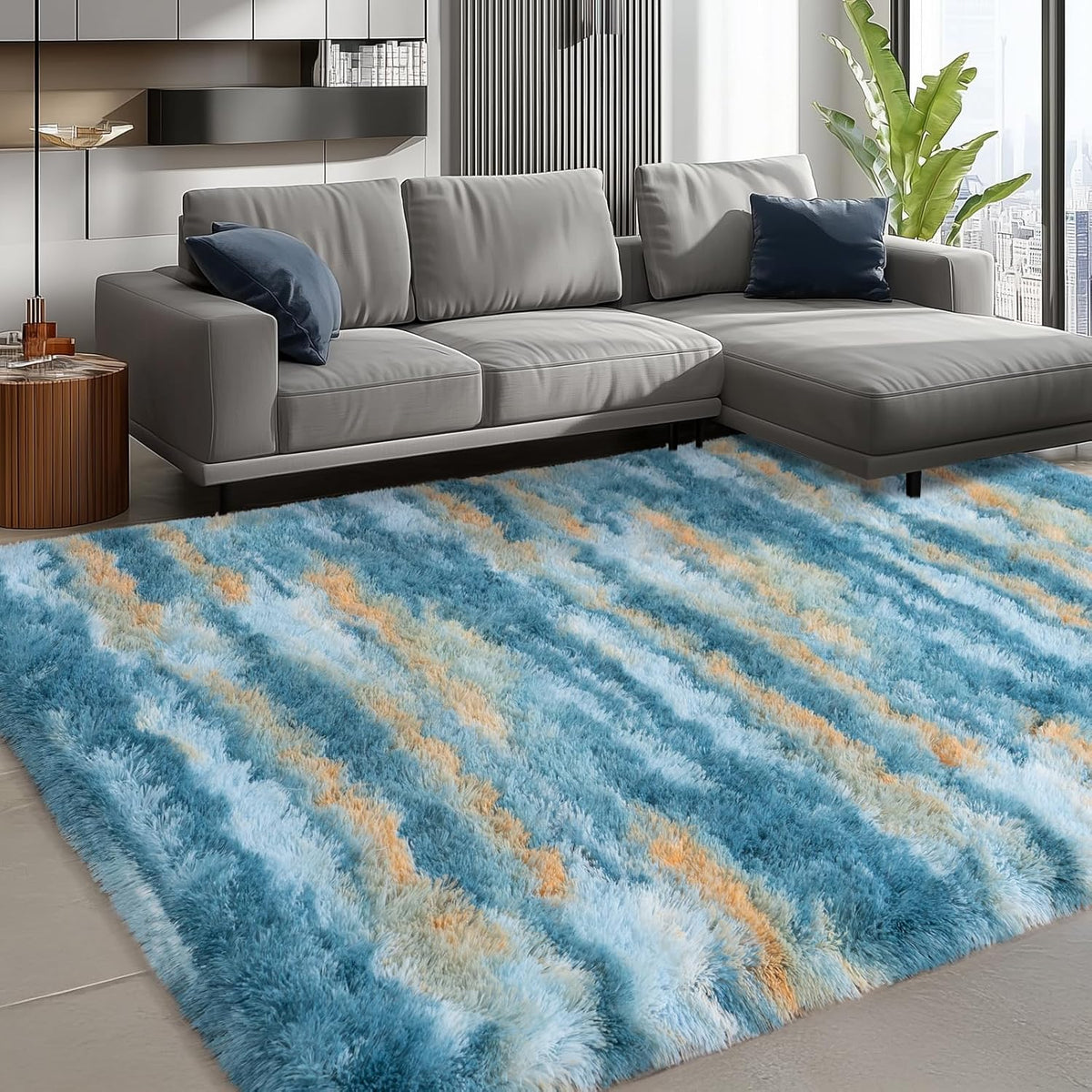 9x12 Large Shag Rugs for Living Room, Washable Abstract Blue Yellow
