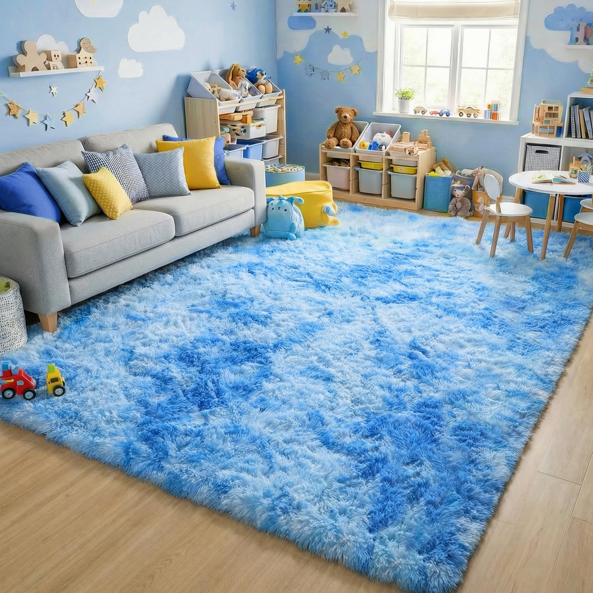 Area Rugs for Living Room Bedroom, 5x8 Fluffy Tie-Dyed Light Grey Shag Rug