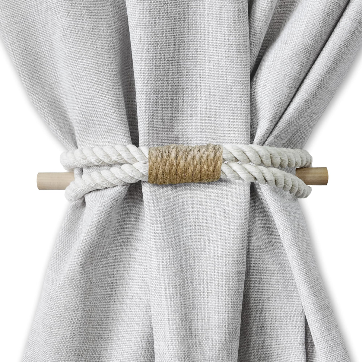 Curtain Holdbacks Boho Tiebacks for Drapes, Farmhouse Jute Rope Cotton Tie Backs with Rustic Wood Club, Curtain Accessories Holders for Indoor Outdoor Use, Set of 4