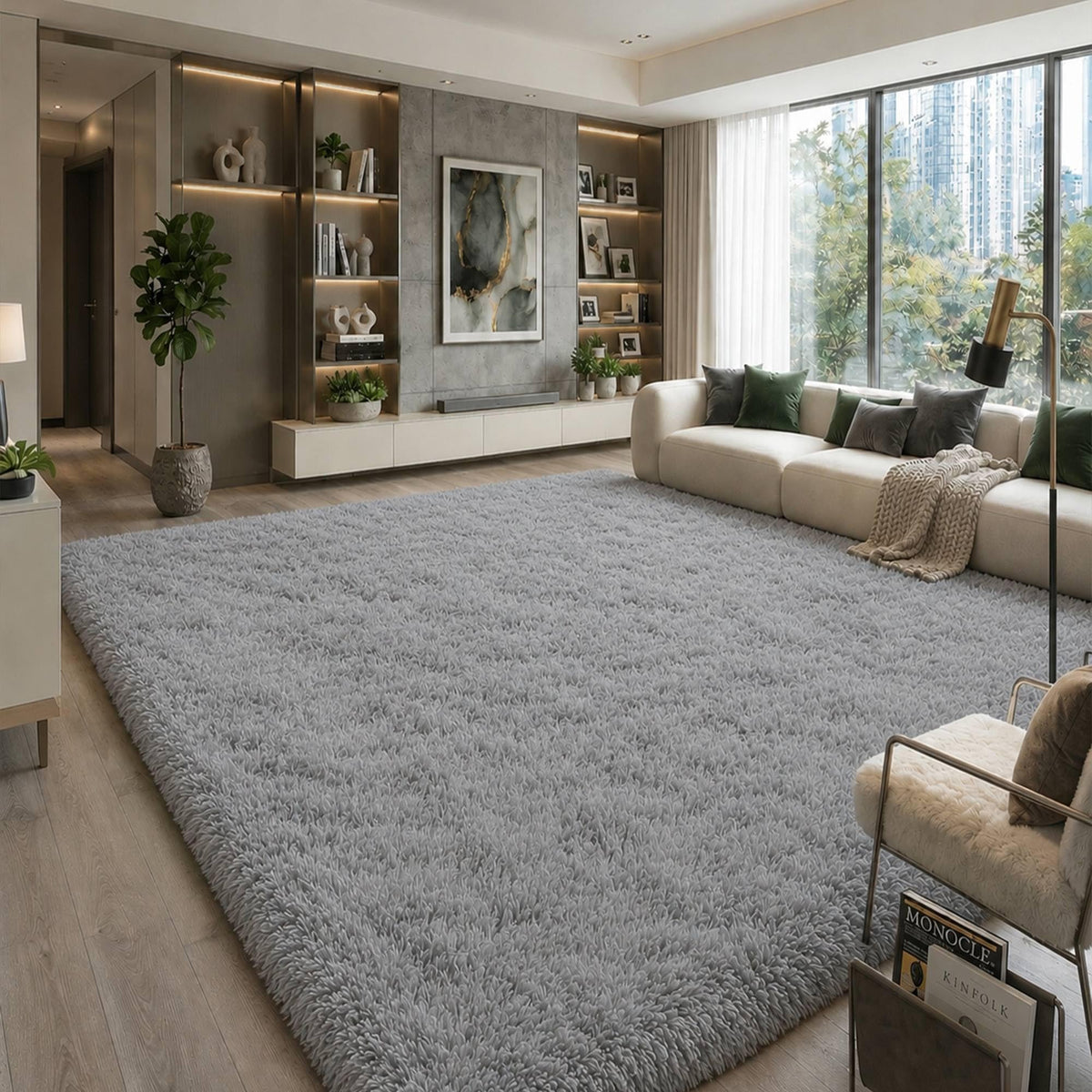 8x10 Ft Cream White Fluffy Area Rug for Living Room, Washable