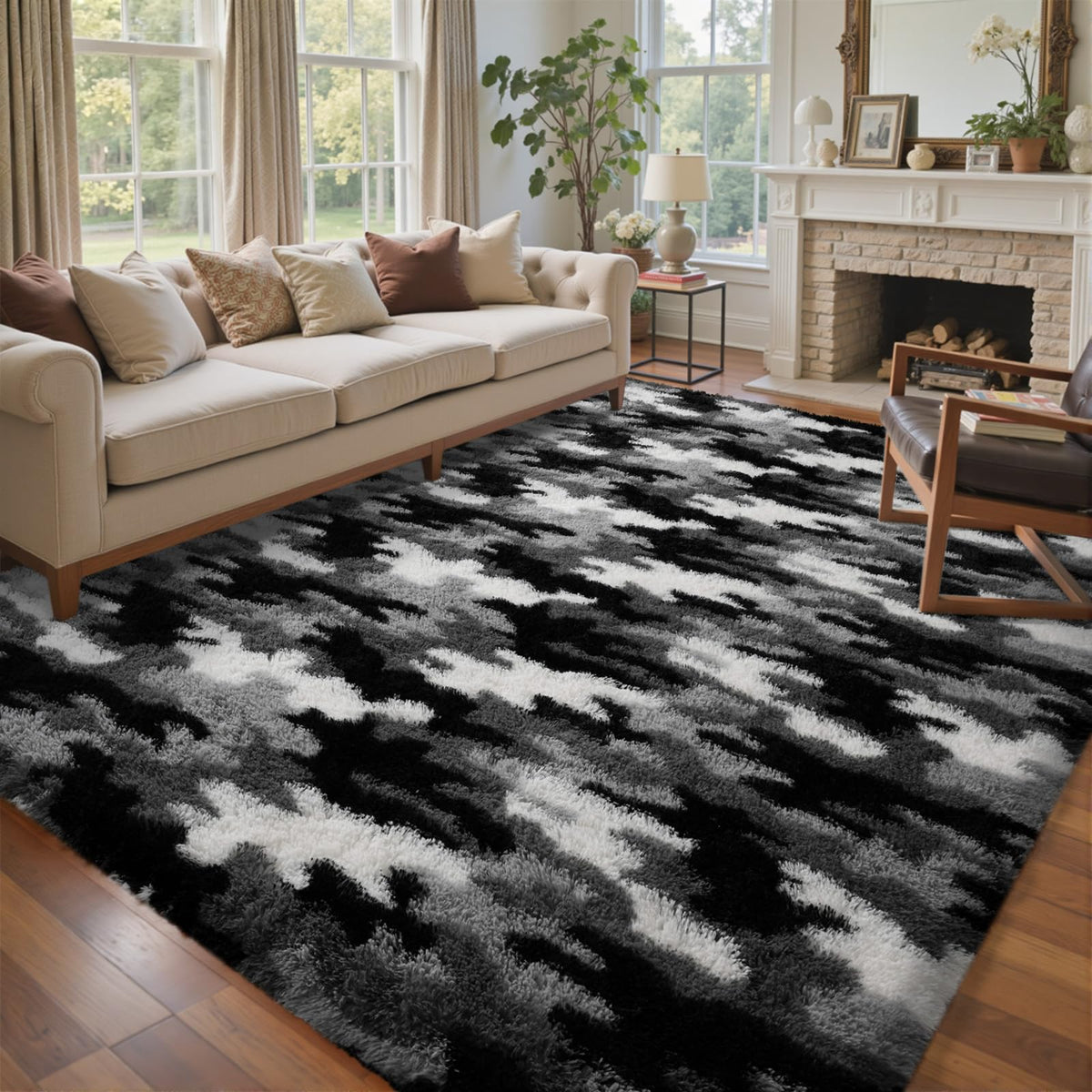 8x10 Ft Extra Large Shag Rugs for Living Room, Tie Dyed Ultra Soft Fluffy Furry Area Rugs for Bedroom Indoor Floor, Aesthetic Carpet for Kids Home Decor (Dark Grey)