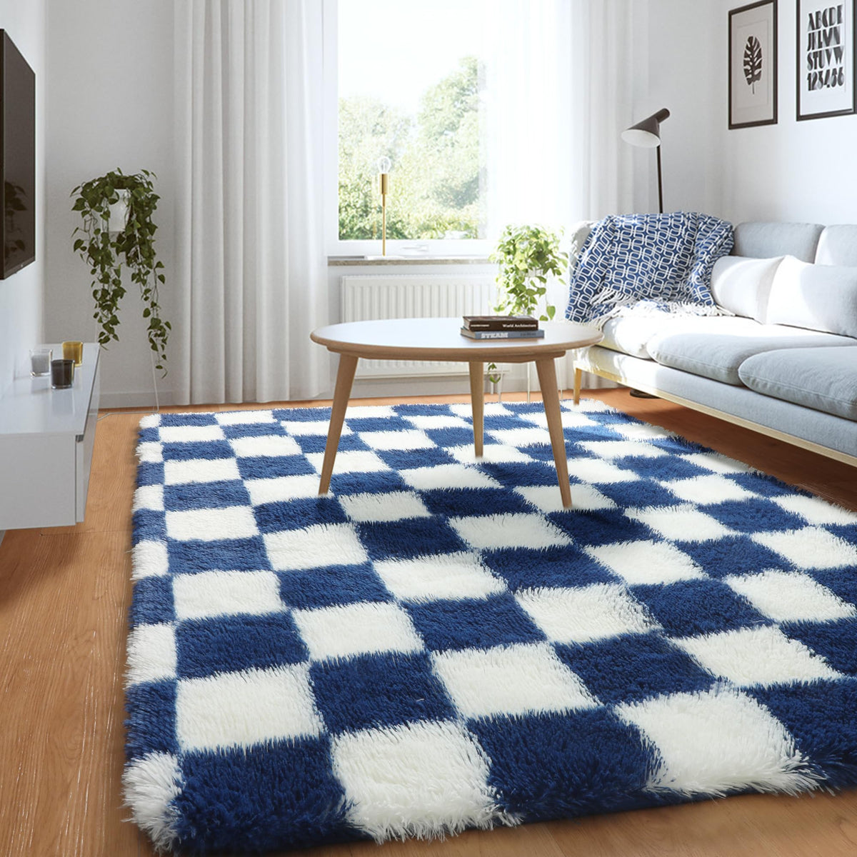 KICMOR Area Rugs 8x10 for Living Room, Large Fluffy Beige and Cream White Checkered Rug Big Fuzzy Shag Shaggy Carpets for Bedroom, Soft Plush Furry Rug for Boy Girls Room Dorm Home Decor Aesthetic