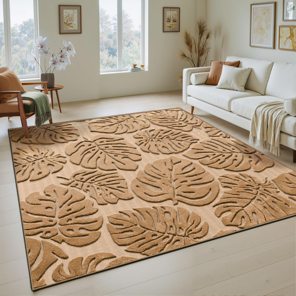 Arenarug Sage Green Monstera 5x7 Area Rugs High-Low Plush Pile Washable
