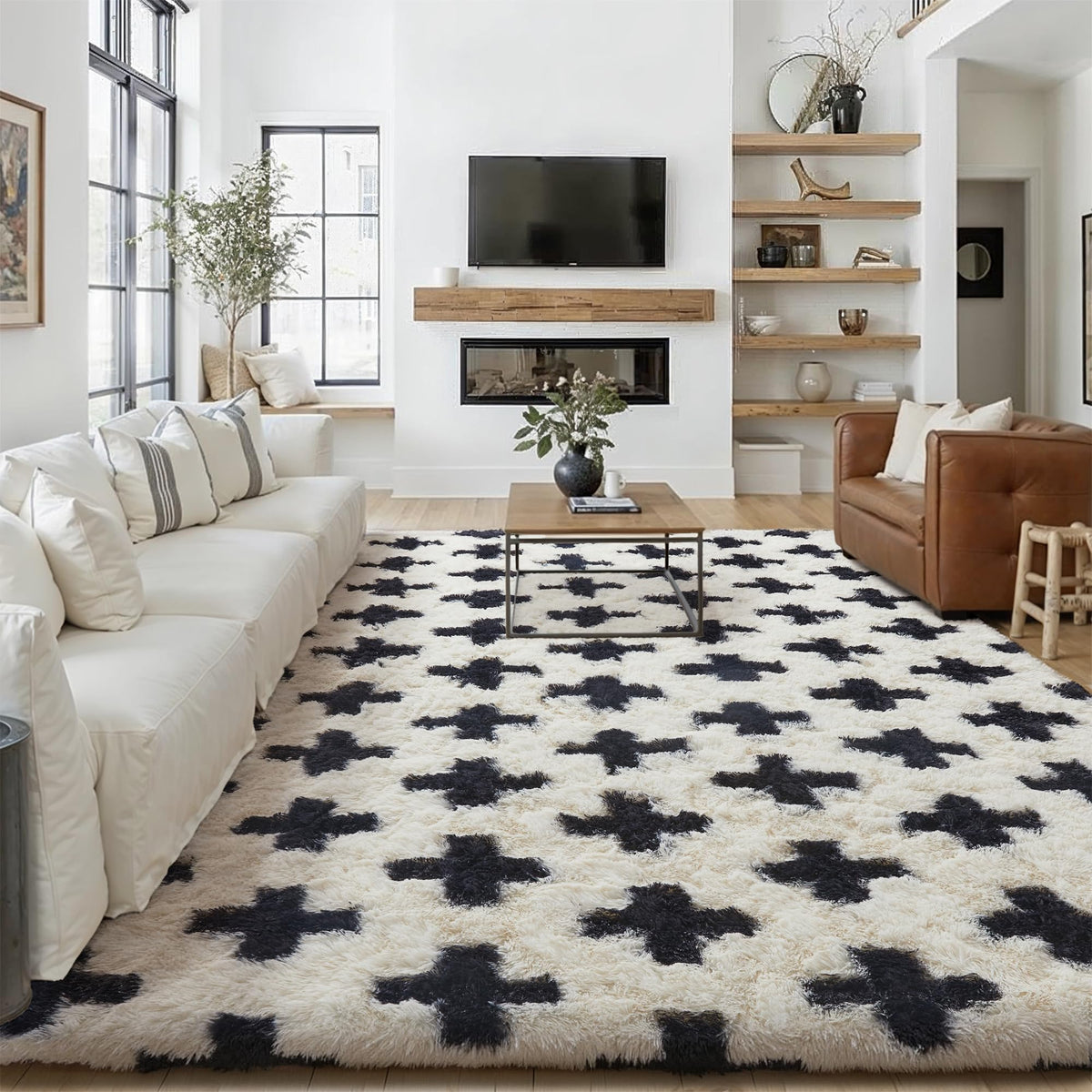 PureCozy Beige 8x10 Area Rug for Living Room Soft Checkered Shag Carpet