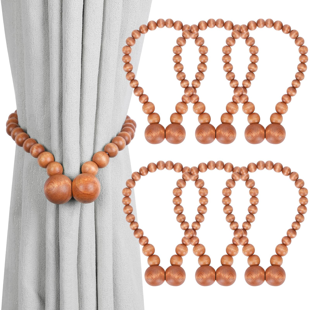 KLOGTSIND Magnetic Curtain Tiebacks, 2 Pack Wood Bead Curtain Holdbacks