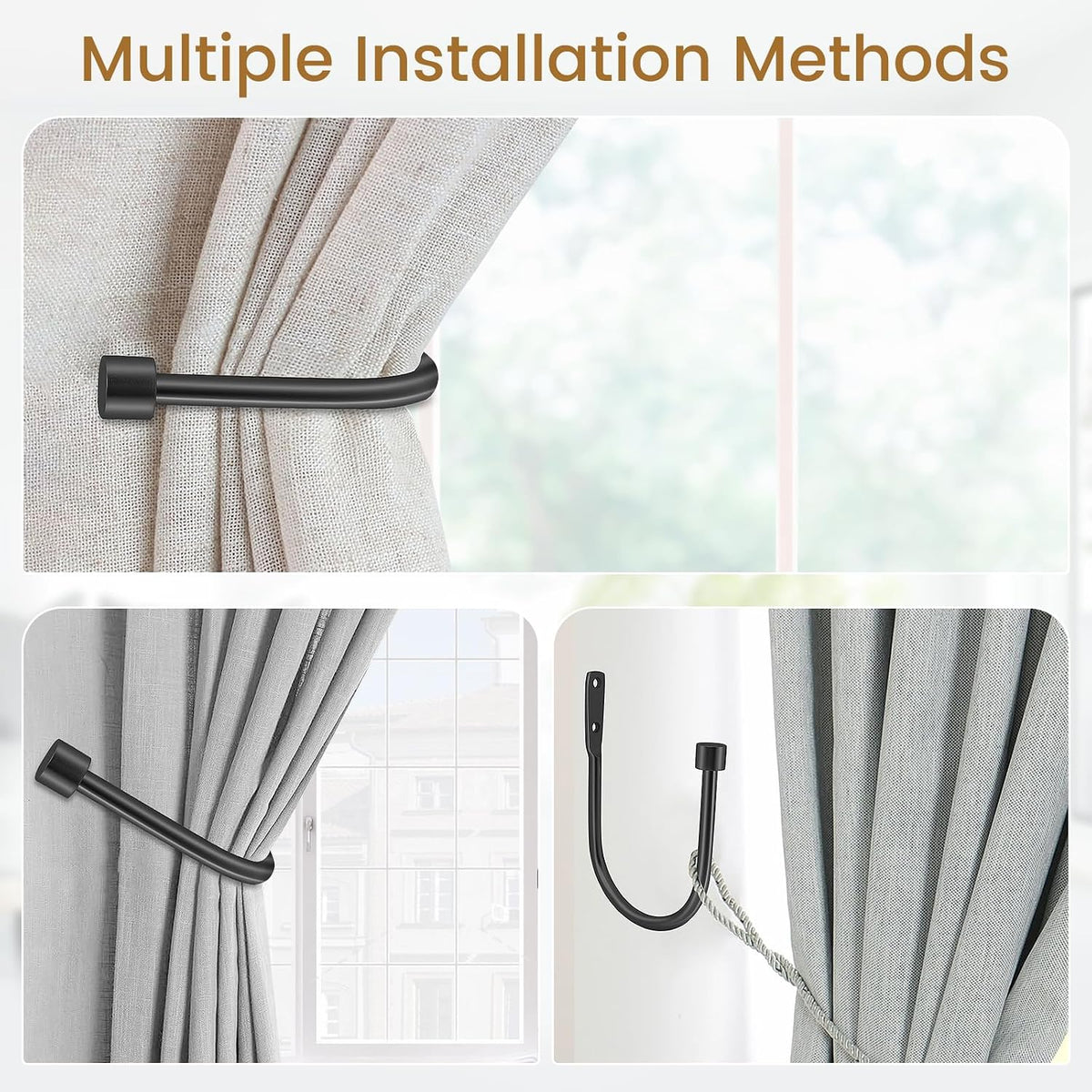 HIKMLK Minimalist Curtain Holdbacks 2pcs, 100% Cast Iron Solid Heavy Duty Metal Curtain Tieback Side Holders for Wall, Curtain Tie Hook Pull Backs for Drapes Window Home Decoration（Matte Black）