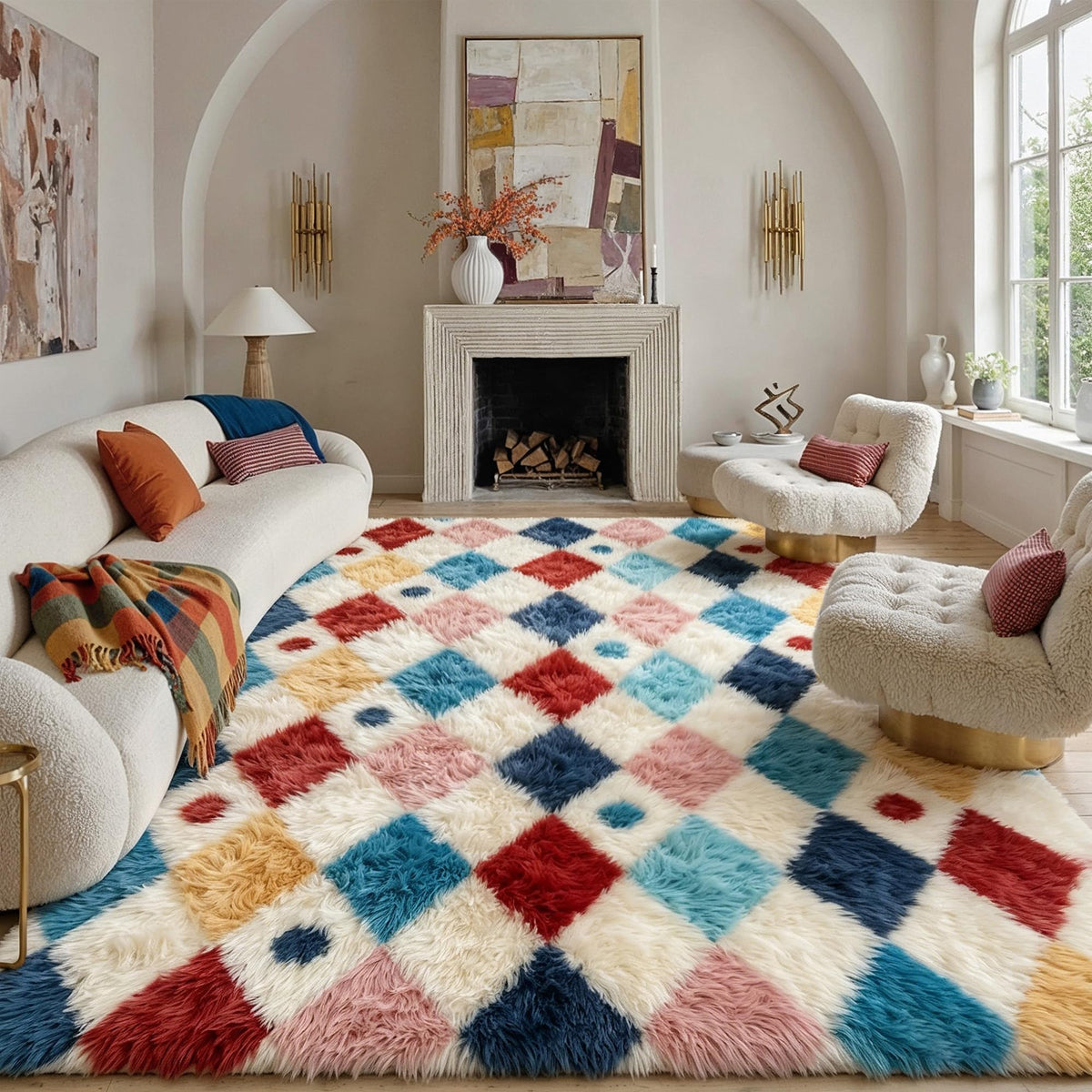 PureCozy Beige 8x10 Area Rug for Living Room Soft Checkered Shag Carpet