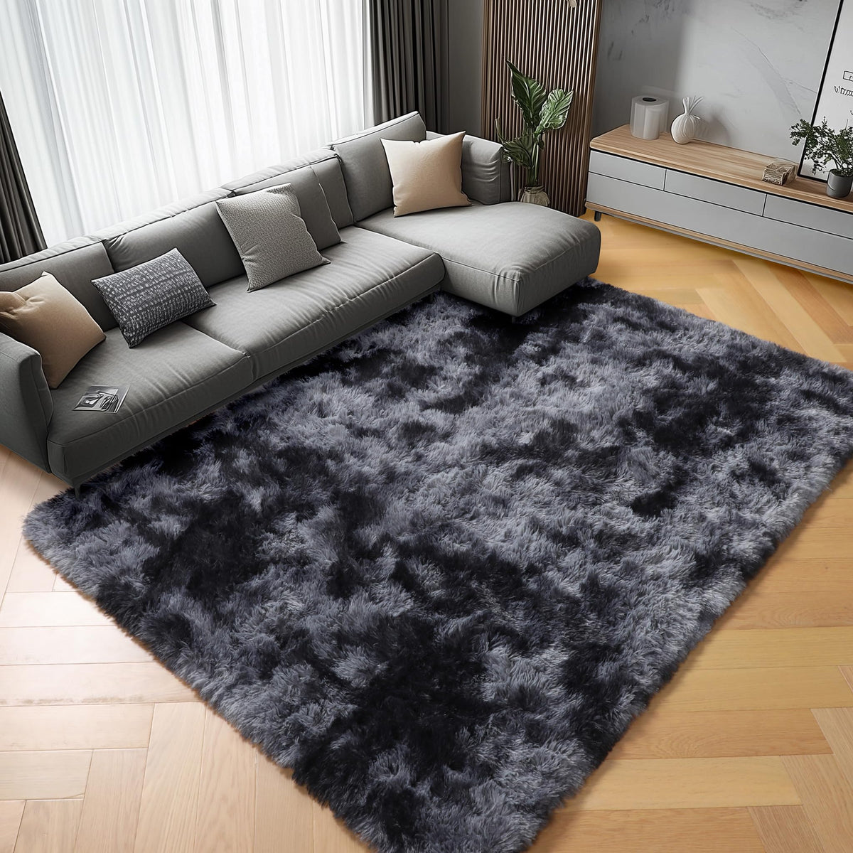 Area Rugs for Living Room Bedroom, 5x8 Fluffy Tie-Dyed Light Grey Shag Rug