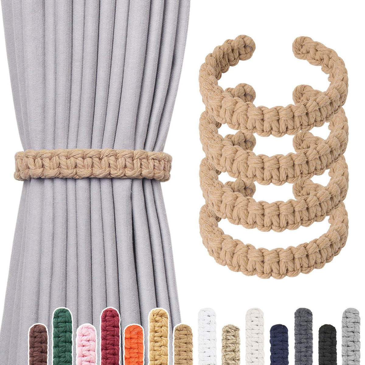 NICEEC 2 Pack Natural Cotton Rope Curtain Tiebacks Farmhouse Rustic Style Decorative Drape Tie Backs Handmade Braided Curtain Holdbacks for Home & Office Sheer/Light Weight Drapery (C-White-S)