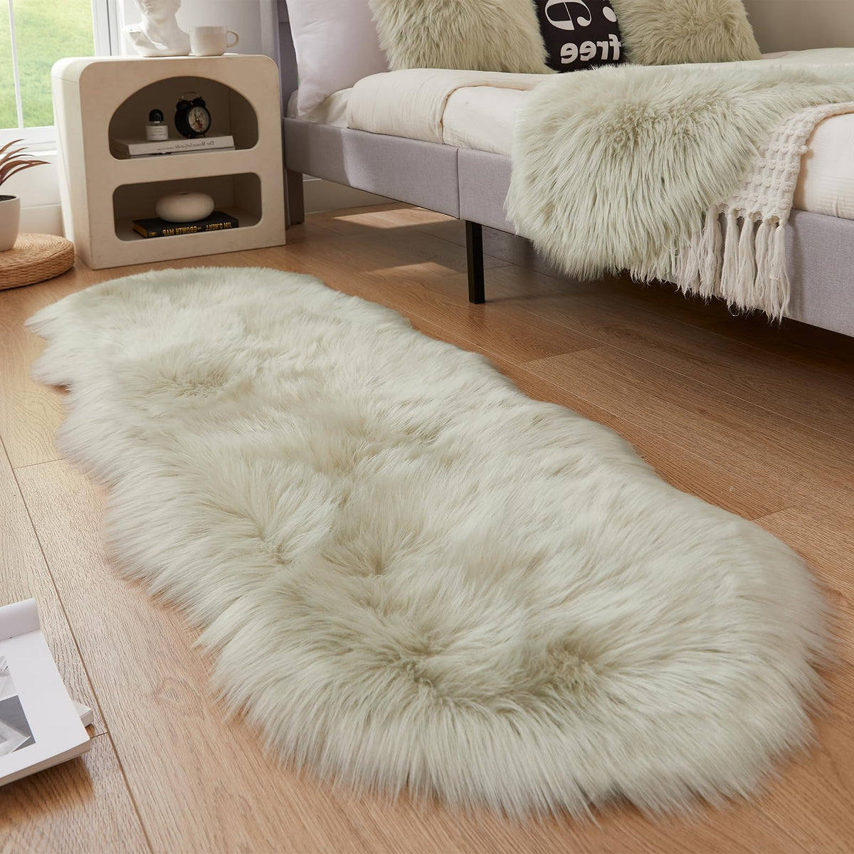 AMTOVO Faux Sheepskin Rug, Beige Ultra Soft Fluffy Shag Area Rug, 2 x 6 ft Faux Fur Rug for Bedroom Sofa Throw Cushion Room Decor, Sheepskin