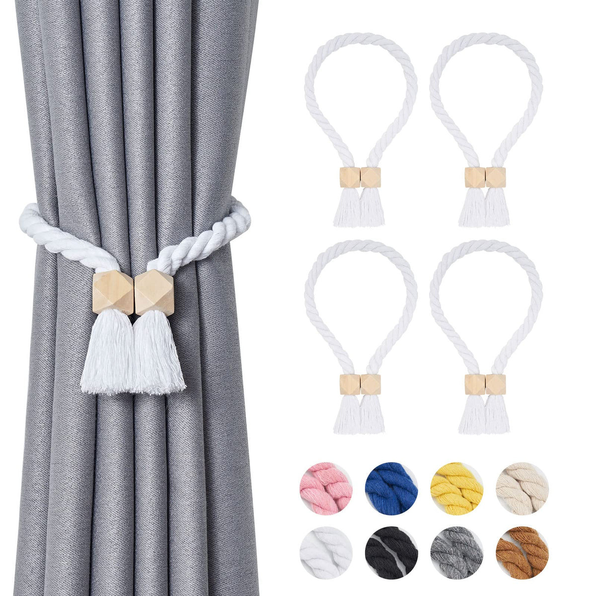 NICEEC 2 Pack Wooden Ball Magnetic Curtain Tiebacks Boho Home Decor Drape Tie Backs Natural Cotton Hand Woven Rope Curtain Holdbacks for Thin & Thick Home & Office Window Draperies (Beige)