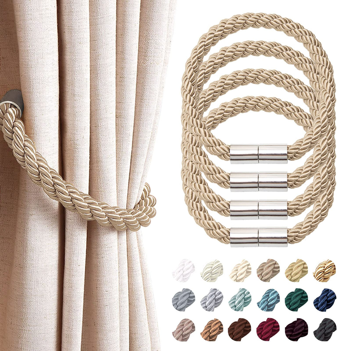 NICEEC 2 Pack Strong Magnetic Curtain Tiebacks Modern Simple Style Drape Tie Backs Convenient Decorative Weave Rope Curtain Holdbacks for Thin or Thick Home & Office Window Draperies (Beige)