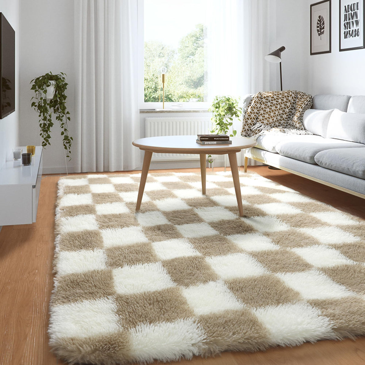 KICMOR Area Rugs 8x10 for Living Room, Large Fluffy Beige and Cream White Checkered Rug Big Fuzzy Shag Shaggy Carpets for Bedroom, Soft Plush Furry Rug for Boy Girls Room Dorm Home Decor Aesthetic