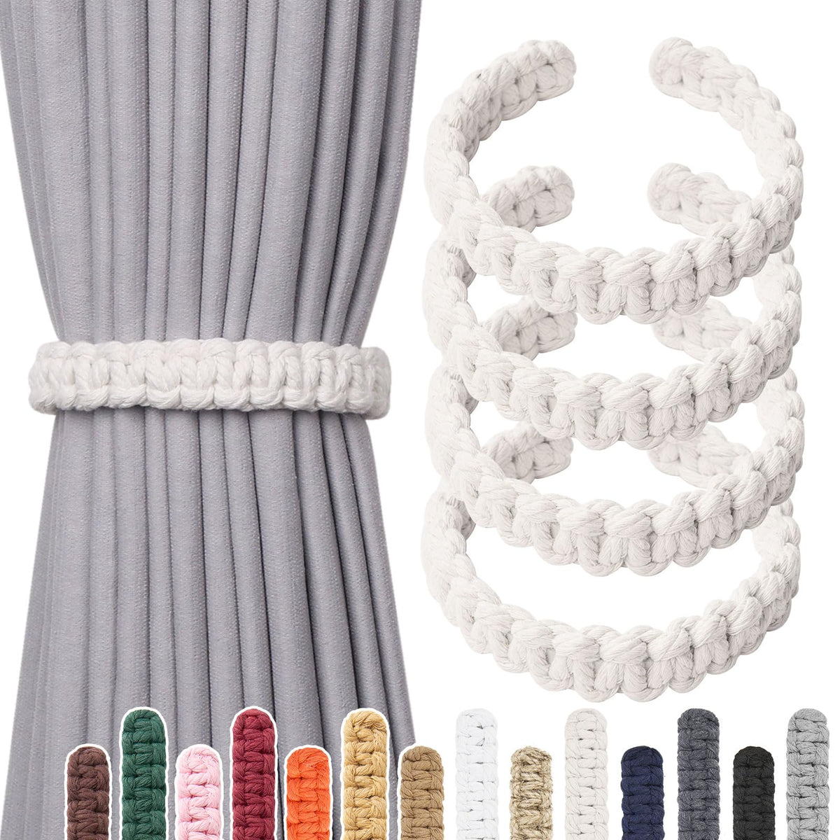 NICEEC 2 Pack Natural Cotton Rope Curtain Tiebacks Farmhouse Rustic Style Decorative Drape Tie Backs Handmade Braided Curtain Holdbacks for Home & Office Sheer/Light Weight Drapery (C-White-S)