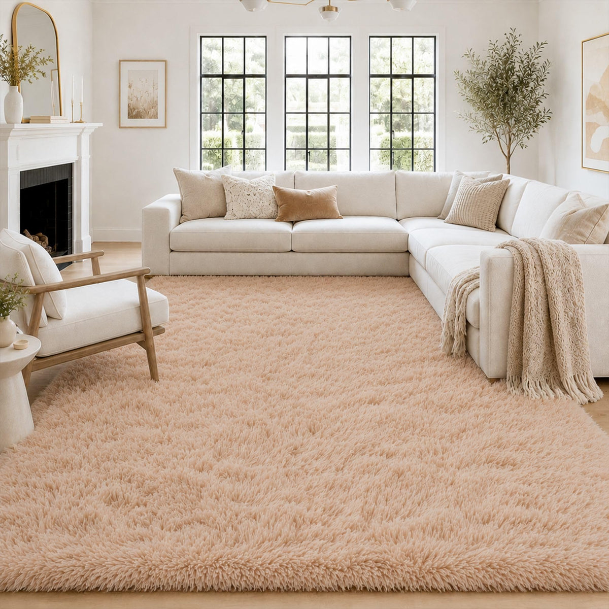 8x10 Ft Cream White Fluffy Area Rug for Living Room, Washable