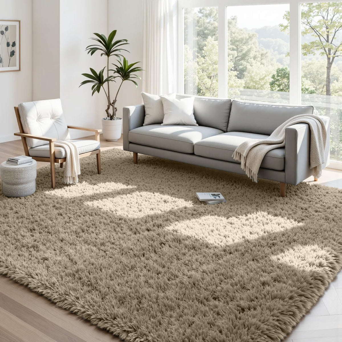 8x10 Fluffy Shag Area Rugs for Living Room Bedroom: Soft Carpet Gray Camel